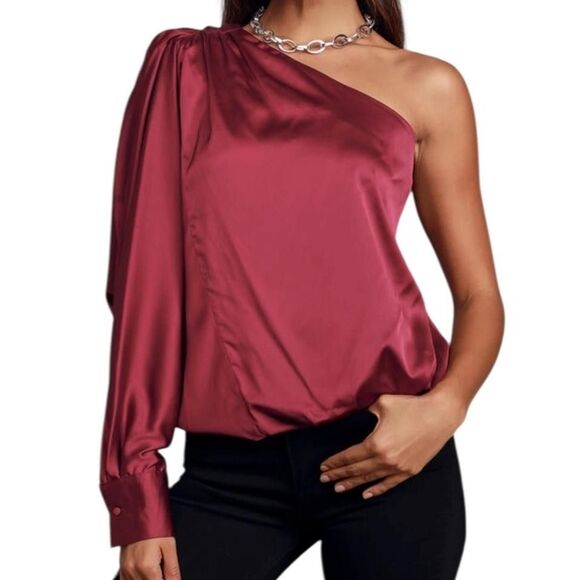 Indigo Poppy One Shoulder Top Womens Medium Satin Asymmetric Blouse Elegant NWT - Picture 1 of 10